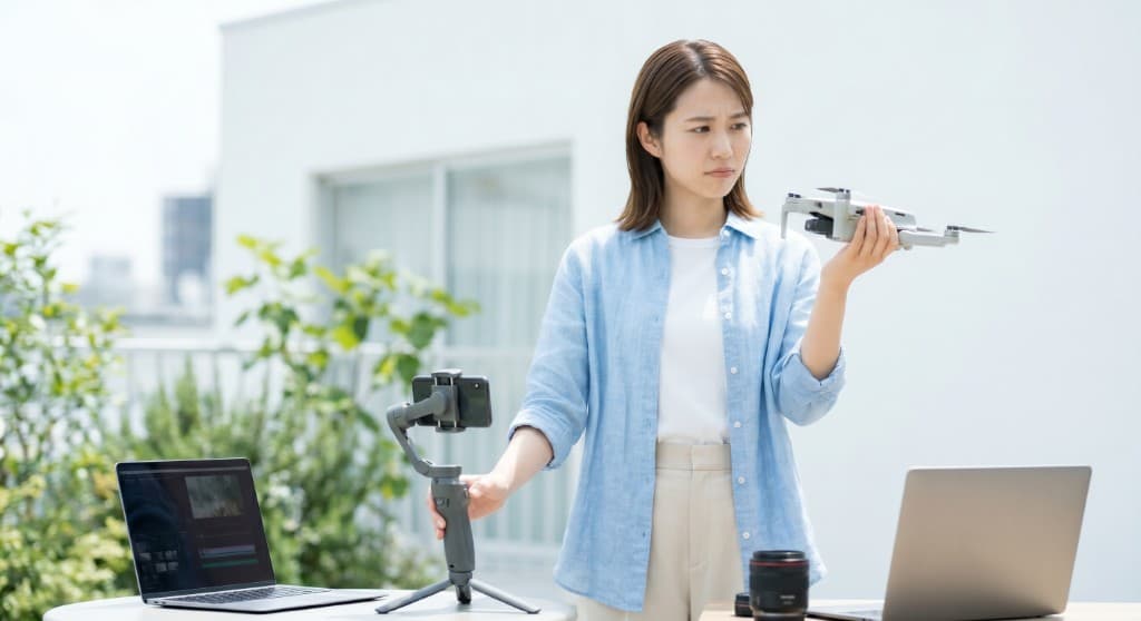 ドローンや動画機材を前に、お悩みを感じている様子のイメージ