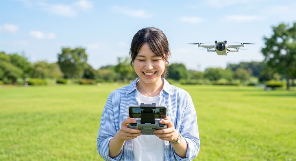 屋外で送信機を操作しドローンを飛ばす様子